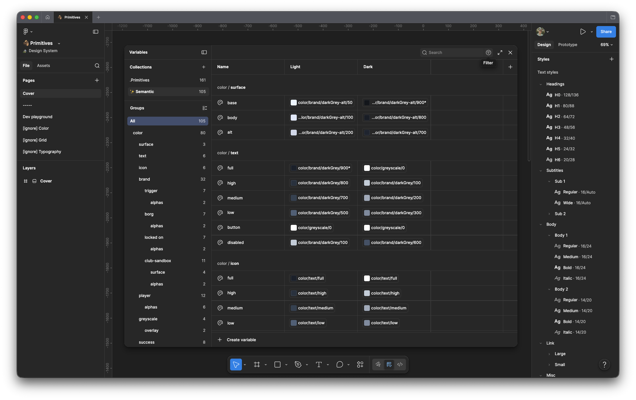 Figma variables panel showing semantic colour tokens and typography scale across light and dark modes