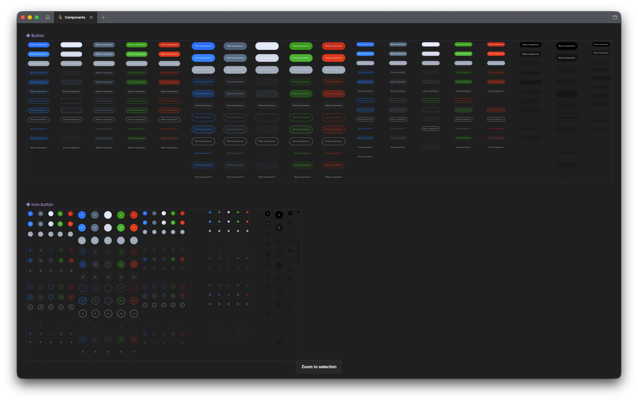 Figma canvas showing the full button component library — all states, sizes, and colour variants
