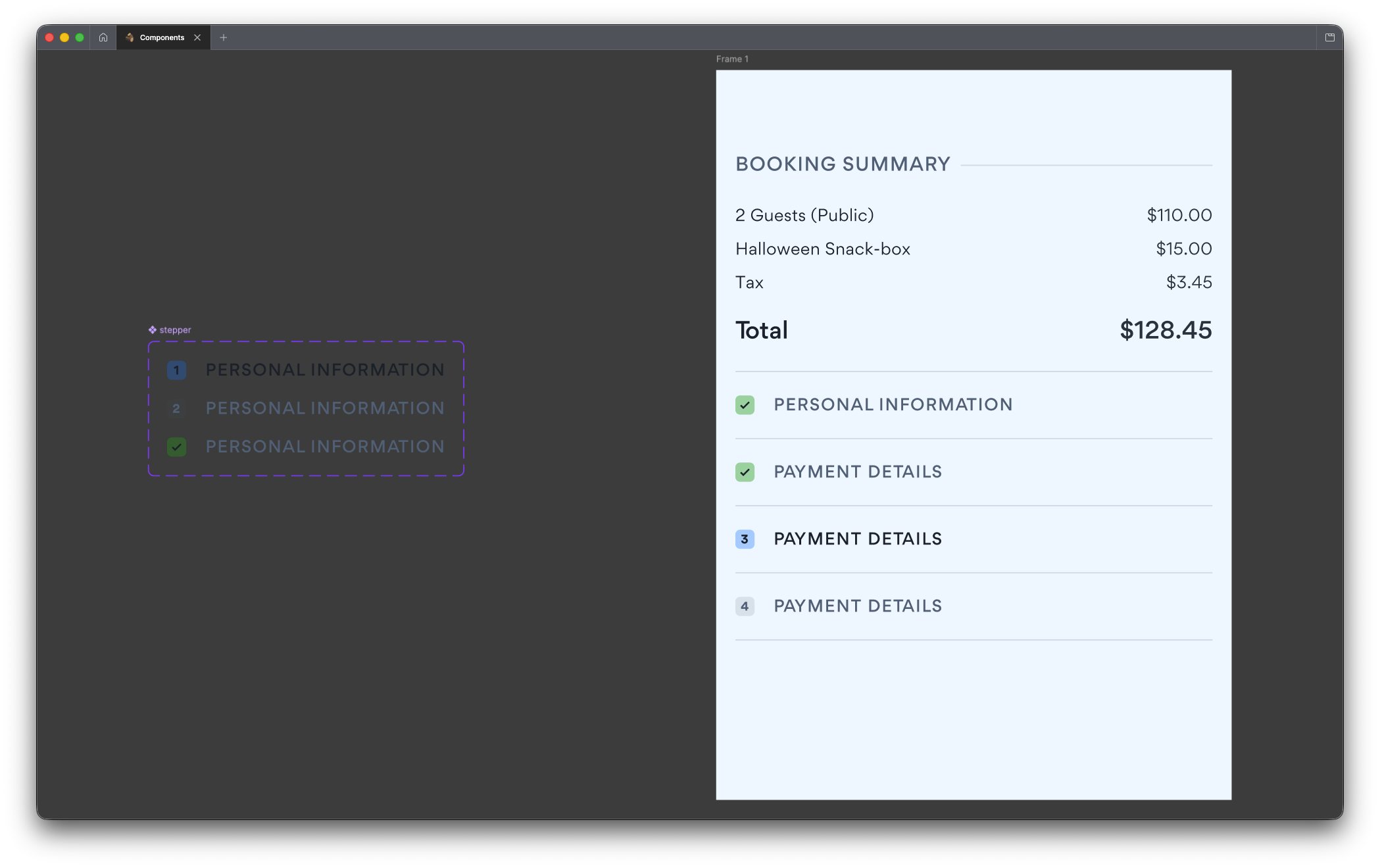 Figma canvas showing the stepper component alongside a real booking summary UI with live pricing data
