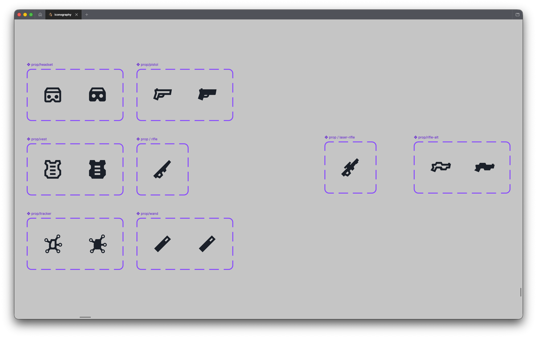 Custom Sandbox VR prop icons — headset, pistol, vest, rifle, tracker and wand — organised by component naming convention
